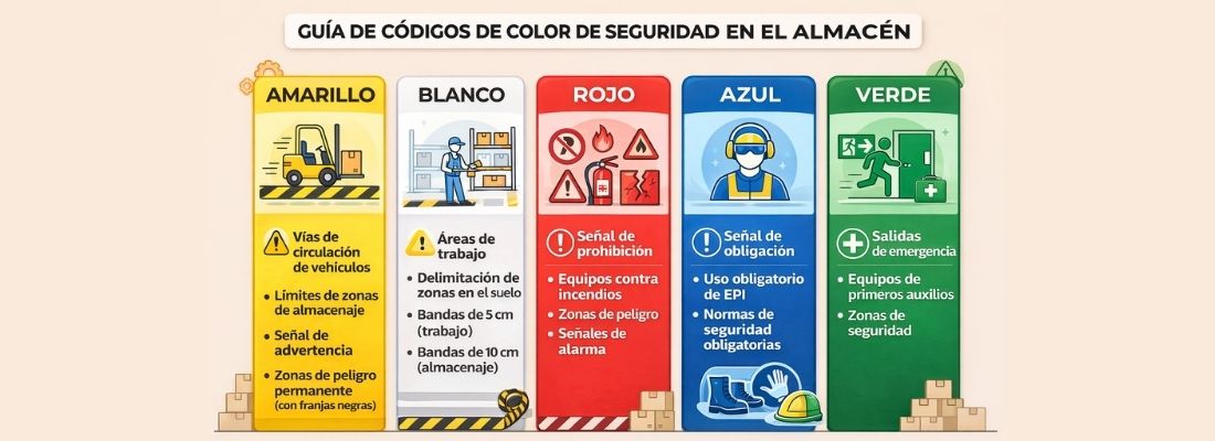 Guía visual de códigos de colores de seguridad en un almacén que explica el significado de amarillo, blanco, rojo, azul y verde para circulación, trabajo, peligro, obligación y emergencia.