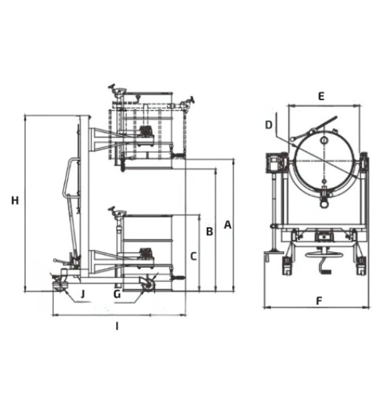 Schéma apilador volteador de bidones 1500 mm 450 kg