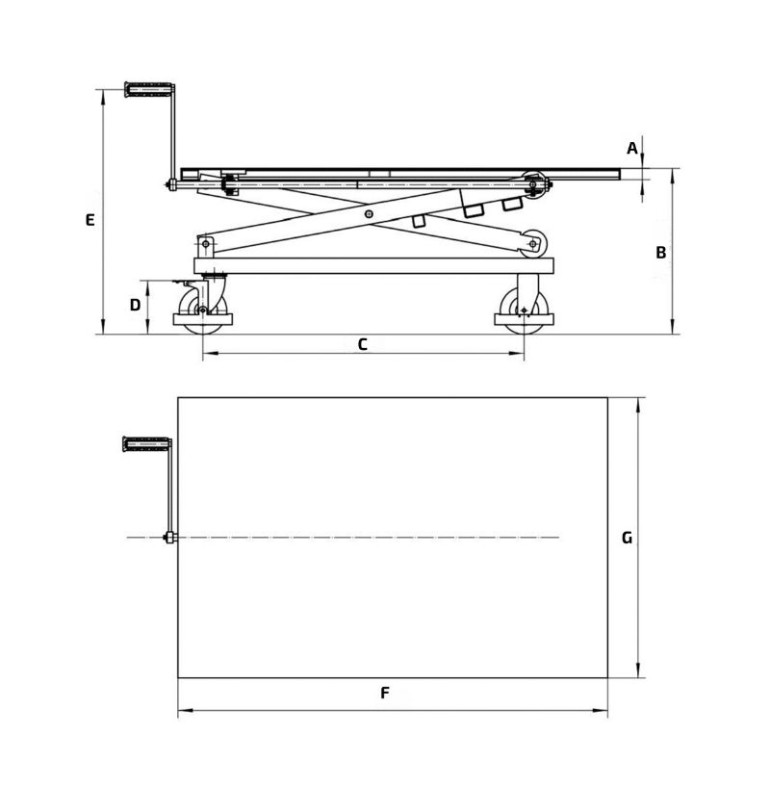 Schéma mesa elevadora móvil inox con manivela 300 kg - plataforma 950x600 mm
