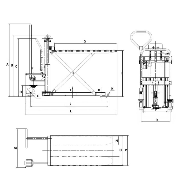 Schéma transpaleta de tijera manual ancha con plataforma 1000 kg
